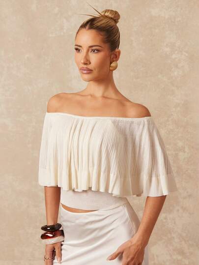 Lumalex Spring Summer Women's Elegant Off Shoulder Ruffle Trim Fitted Sweater, Summer Perfect For Summer, Spring-Break Trips, Cruises, Beach Weekends, Vacations, Parties, Date Nights, Weddings, Proms, Banquets, Birthdays, Carnivals, Festivals And Other Holiday Events. Neo-Girly Charm, Boho-Casual Flair, Quiet Luxury, Business Chic, And Relaxed Vacay A Richly Layered, Glitter-Accented Style For Luxury Proms, Receptions, Banquets, Weddings, Raves, Festivals, Holiday Gatherings, And Outdoor Evening Occasions-Ideal Whenever You Need A Sophisticated Yet Striking Party Look