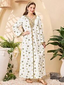 SHEIN Váy suông rộng họa tiết hoa kèm ruy băng vàng cho bé gái tuổi teen - Vàng - Xem 6