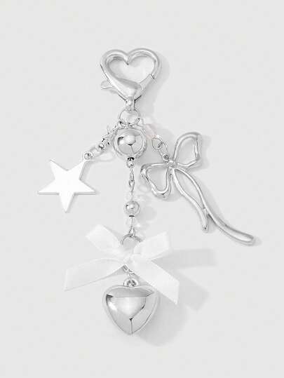 Kawaii 1 pezzo Portachiavi/ciondolo minimal in stile Y2K, in argento, con farfalla, perle finte, cuore cavo e fiocco intrecciato, adatto come accessorio per donne/ragazze per uso quotidiano o regalo per le vacanze