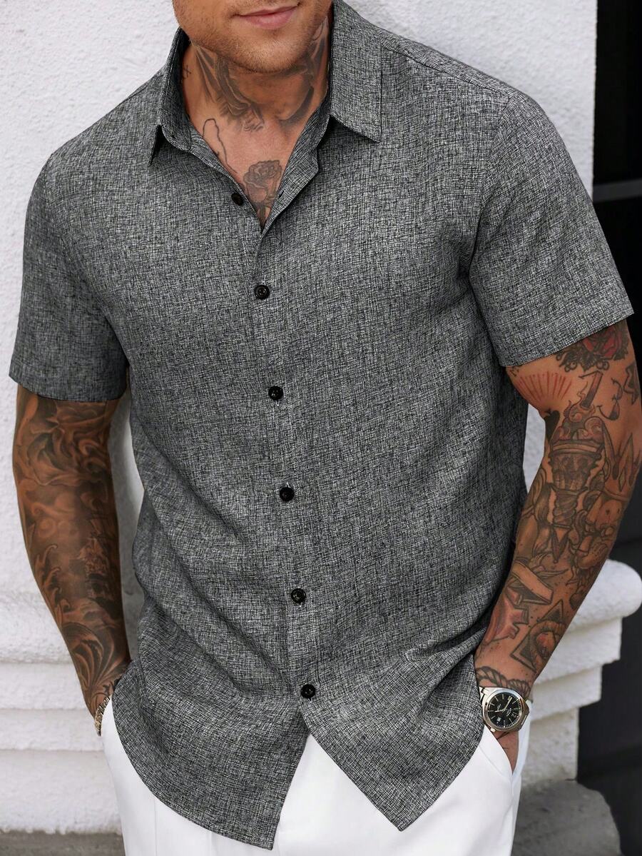 OTTIMOZO Manfinity CasualCool 男士亚麻条纹短袖衬衫，适合夏季日常通勤，灰色男士短袖纽扣衬衫，街头风男士衬衫，男士短袖灰色衬衫，男士休闲衬衫 - 黑色 - 查看 1