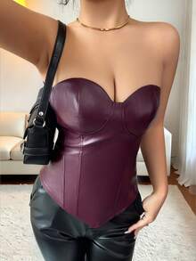 Islaluna Elegante y sexy top de fiesta de tela de PU color burdeos con busto con forma, adecuado para fiestas y citas, top de salida de estilo milenial para mujeres, top sin tirantes de verano para mujeres - Rojo - Ver 8