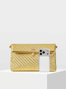 MOTF PREMIUM 女士时尚优雅压纹编织面料手拿包信封包，配精致五金锁扣，适合日常通勤购物、新年等场合。 - 亮金色 - 查看 3