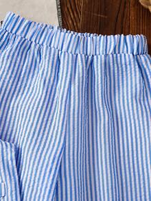 Young Girl Casual Spring/Summer Plain Woven Sleeveless Top And Pants Set, Young Girl Casual Striped Square Neck Sleeveless Top Shirt And Straight Leg Pants Set, Fashion Streetwear Commuting Outfit - Blue - View 3