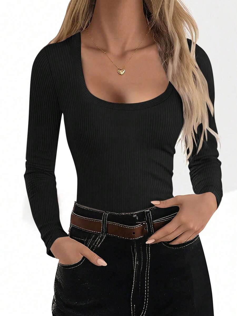 EMERY ROSE Women's Solid Color Fashionable Versatile Long Sleeve T-Shirt For Commuting - Black - View 1