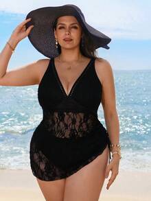 Swim Lushoire Plus Size Women 2pcs Solid Color Elegant Beach/Pool Swimsuit - Black - View 4
