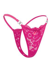 MidnightGlam Floral Lace O-Ring Detail Bow Front G-String Sexy Lingerie Bow Tie, Lingerie For Women,Sexy,Valentine's Day,Wedding - Hot Pink - View 3