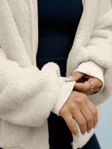 SAYEHFBABY 1 Stück Damen Fleece-Sweatshirt mit Kapuze Einfarbig, dick und warm, für Herbst/Winter, Langarm-Oberteil - Aprikosenfarben - Übersicht 3