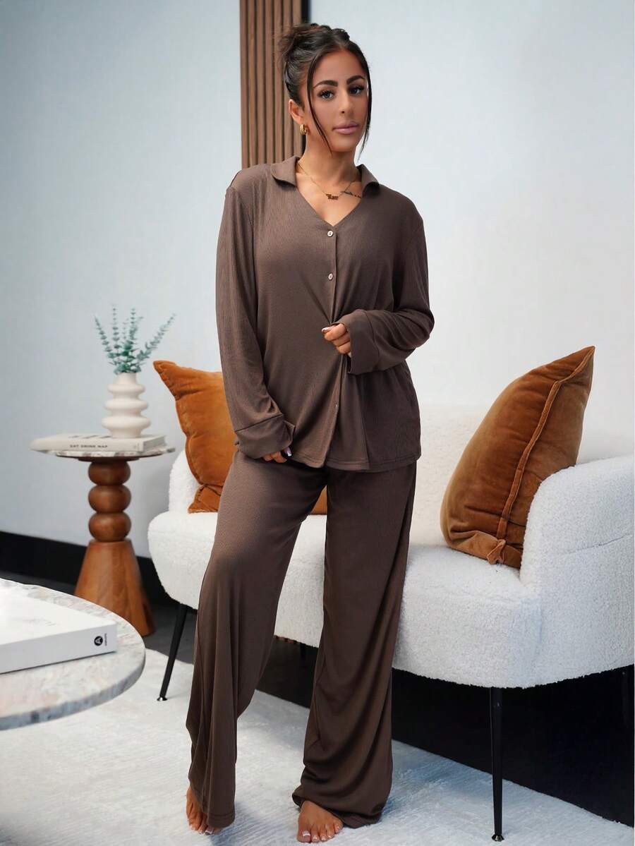 SAYEHFBABY Set de pijamale pentru femei, culoare solidă, cu nasturi în față, cămașă și pantaloni, ținută de sărbători, haine de toamnă - Maro - Vizualizare 1