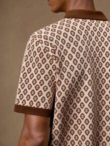 AKNOTIC Business Casual Camisa polo de punto de manga corta con cuello vuelto, ajuste ceñido, estilo casual y elegante para hombre. Adecuado para uso diario, ir al trabajo, verano, vacaciones, fiestas, regalo para pareja o novio, ropa de playa, regalo para el Día del Padre. Diseño geométrico, estilo retro de los 70, camisa de punto para uso en resort. - Café integral - Ver 8