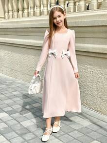 Tween Girl Casual Cute School Style Square Collar Puff Sleeve Contrast Bow Decor Waist Cinched Dress - Multicolor - View 6