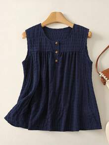 GlowEve Women's Front Button Textured Pleated Round Neck Camisole - Navy Blue - View 1