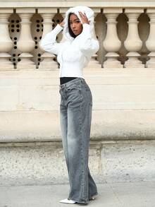 Mima John White Colorblock Trim Hooded Cropped Padded Coat In Fall/Winter - White - View 4