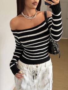 StreetHx Streetwear Women's Colorblock Off-Shoulder Beaded Slim Fit Long Sleeve Sweater, Autumn/Winter - Multicolor - View 5