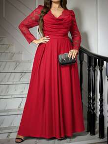 Ellevyn 大码纯色垂褶领长袖收腰优雅连衣裙 - 紅色 - 查看 4