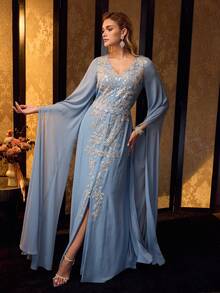 MOTF Soiréza ELEGANTES BODENLANGES DAMEN ABENDKLEID MIT V-AUSSCHNITT, GLITZERNDE PERLEN & PAILLETTEN VERZIERUNGEN, ABNEHMBARER TAILLENGÜRTEL & FIGURBETONTER SCHNITT, PERFEKT FÜR FEIERLICHKEITEN, FORMELLE ANLÄSSE & FESTLICHE GELEGENHEITEN - Blau - Übersicht 7