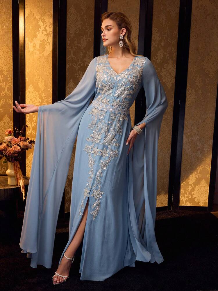 MOTF Soiréza WOMEN'S ELEGANT V-NECK FLOOR-LENGTH PARTY GOWN , SPARKLY BEADS & SEQUIN EMBELLISHMENTS, DETACHABLE WAIST BELT & FITTED SILHOUETTE , PERFECT FOR HOLIDAY PARTIES, FORMAL EVENTS & FESTIVE OCCASIONS