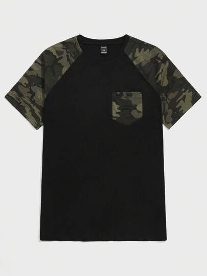 NEON BLANC Men's Casual Crew Neck Raglan Sleeve Camouflage Patchwork T-Shirt, Summer Camo Tee Camo Jersey Shirt Camo Tshirt Mens Camo Goth Camo