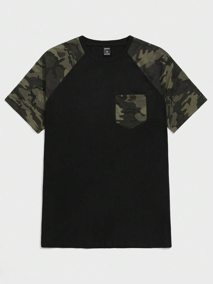 NEON BLANC Men's Casual Crew Neck Raglan Sleeve Camouflage Patchwork T-Shirt, Summer Camo Tee Camo Jersey Shirt Camo Tshirt Mens Camo Goth Camo - Black - View 1