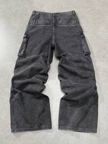 ROMWE MEN Men's Solid Color Casual Pleated Loose Straight Leg Jeans - Black - View 2