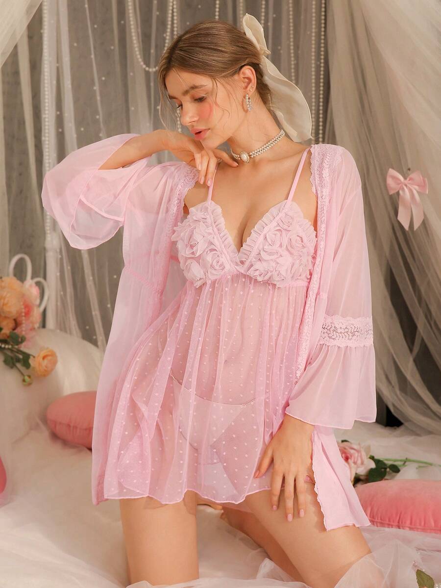 DelicateAllure 女士性感缎面吊带裙睡袍两件套 - 淺粉色 - 查看 1