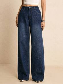 Poéselle 女士牛仔裤，饰有钻石，时尚休闲，斜插口袋饰有水钻，水洗宽松直筒裤型，闪亮波点图案，深蓝色牛仔裤，优雅派对主题，节日，新年，情人节女装。 - 深色水洗藍 - 查看 3