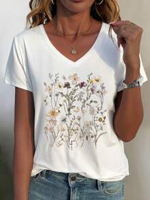 Maglietta casual a maniche corte con scollo a V e stampa floreale per donna