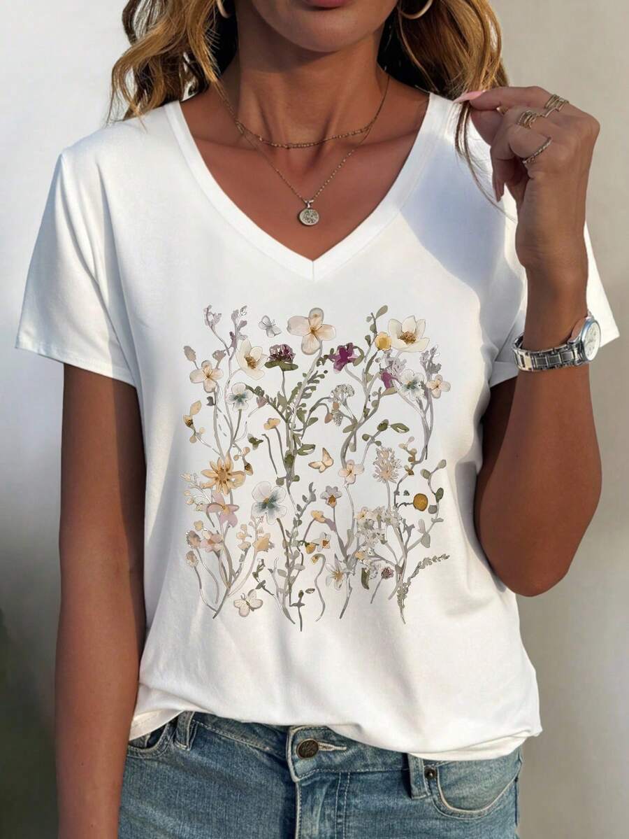 Maglietta casual a maniche corte con scollo a V e stampa floreale per donna