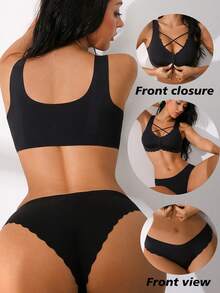 NudeFit 2pcs Women Solid Color Cross Strap Lingerie Set - Black - View 2
