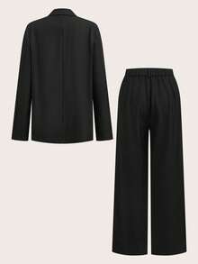 SHEIN Tall Bộ vest quần dài tay rộng rãi họa tiết màu đen tối giản dành cho nữ trẻ, phong cách cơ bản thường ngày khi đi làm - màu đen - Xem 9