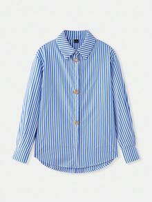 Maija 女士休闲条纹长袖衬衫，适合外出、通勤或日常社交场合。舒适百搭，毕业季女士休闲衬衫之选。 - 藍色 - 查看 8