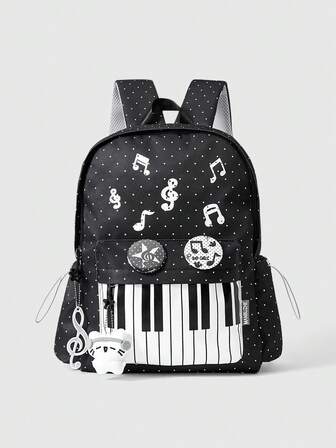 Grunge Punk Mochila negra de estilo punk con estampado de pata de gato, hueso y estrella en contraste de color, con múltiples bolsillos, mochila casual de gran capacidad unisex adecuada para ir al trabajo o a la escuela