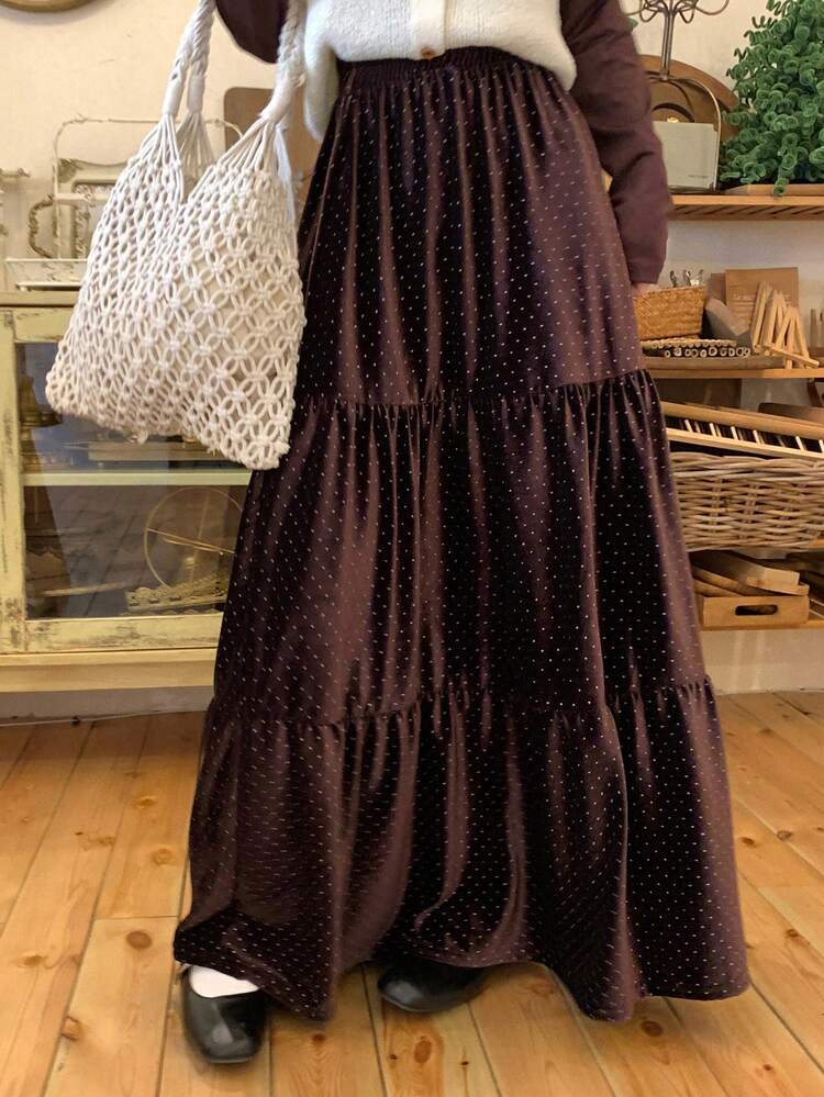 Women's Elastic Waist Polka Dot Print Frill Trim Casual Skirt