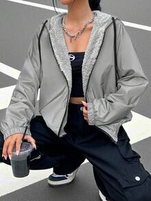 SHEIN EZwear Zip Up Drawstring Hooded Reflective Jacket In Fall/Winter - Grey - View 1