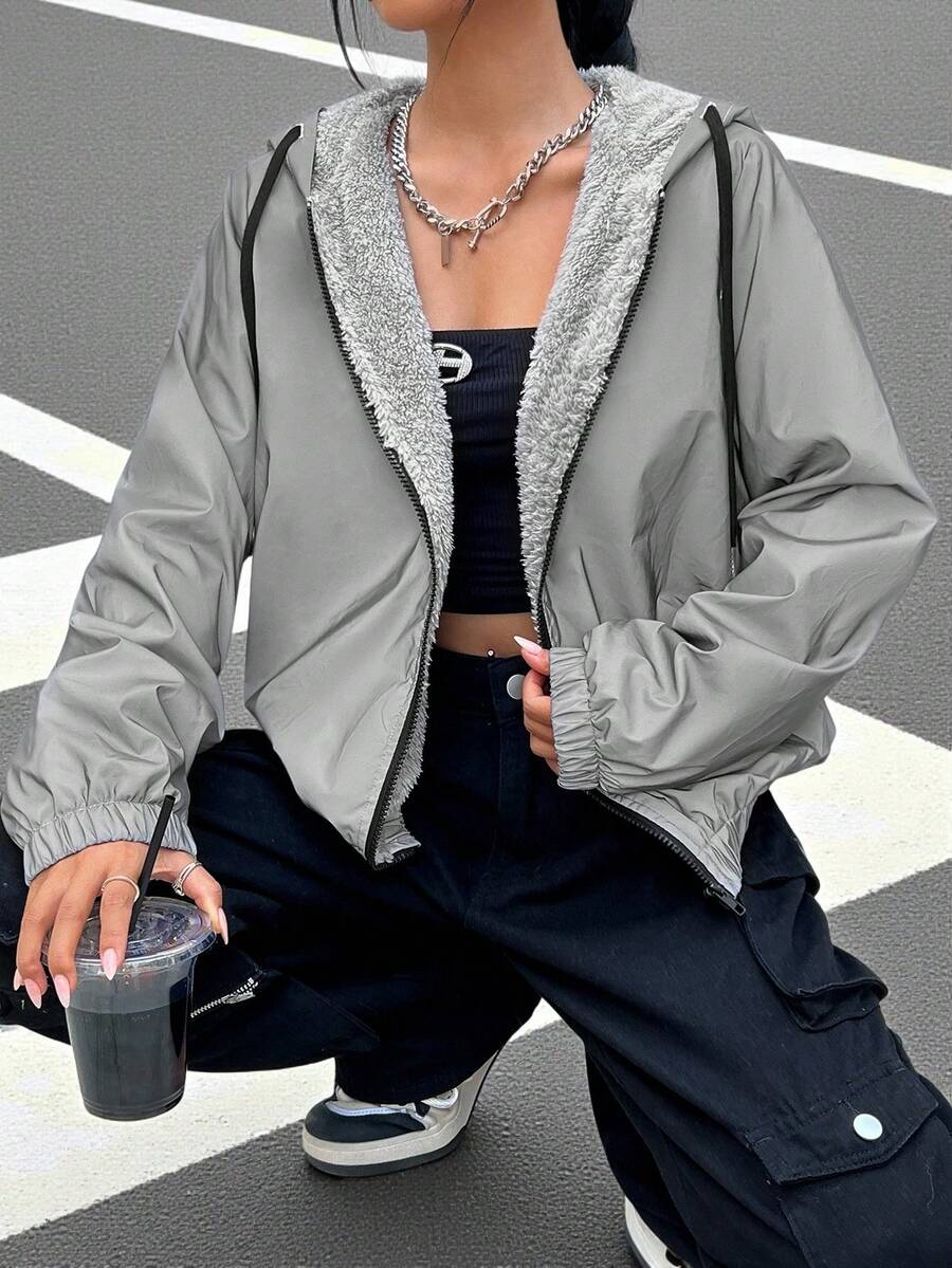 SHEIN EZwear Zip Up Drawstring Hooded Reflective Jacket In Fall/Winter - Grey - View 1