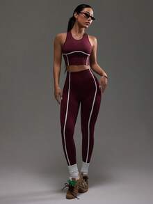Dewbera Women's Seamless Cropped Tank Top And Leggings Sports Set - Burgundy - View 3