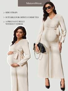 MaterniWear Elegant Maternity Solid Color Tie-Waist Jumpsuit For Commuting - Apricot - View 8