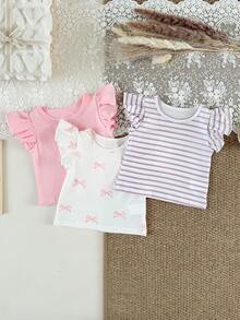 SHEIN Playful Pals 3件組女嬰夏季服裝可愛粉白條紋荷葉邊套頭T恤返校季畢業季3M-3Y時尚穿搭 - 彩色 - 查看 4