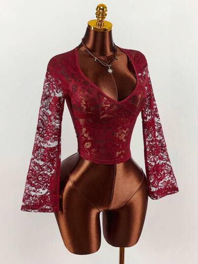 Amplova Women's Lace Long Sleeve Top, Chest Cutout Sexy Solid Color Undershirt, Suitable For Halloween, Valentine's Day, New Year, Date, Autumn/Winter