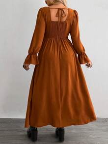Whyspr Plus Size Square Neck Tie Waist Puff Sleeve Fashion Dress - Multicolor - View 2