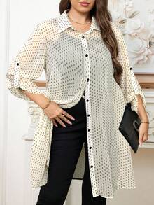 Áo sơ mi tay dài in chấm bi cỡ lớn cài nút phía trước, giản dị cho mùa thu - Màu Khaki - Xem 4