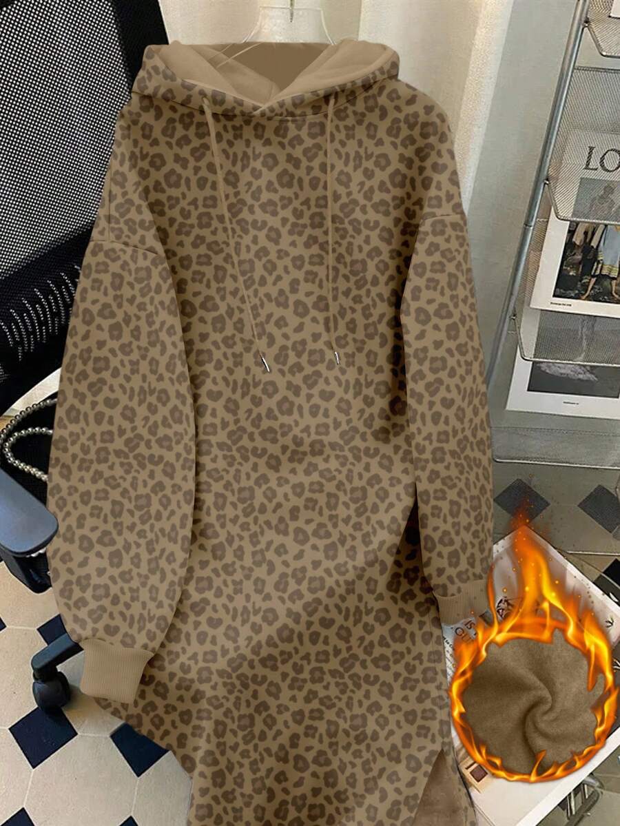 Resyla 女士抓绒连帽连衣裙，带抽绳和豹纹长袖卫衣图案套装