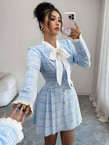 Elenzga 女士长袖纽扣系腰优雅休闲连衣裙，秋冬款 - 藍色 - 查看 3