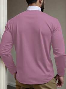Manfinity Homme Kemeja Polo Lengan Panjang Kerah Kancing Kasual Pria Ukuran Besar - Purple - View 2