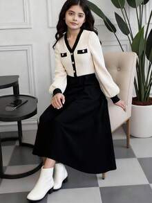 SHEIN 少女优雅提花V领金属纽扣装饰长袖修身针织连衣裙，休闲户外派对连衣裙，春秋季 - 杏色 - 查看 3