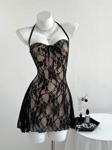 Elamini 2pcs/Set Elegant Lace Black Long Sleeve Top With Ruffle Trim & Contrast Lace Inset Slip Dress, Casual Daily Versatile Fashion Outfit, Autumn/Winter - Multicolor - View 4