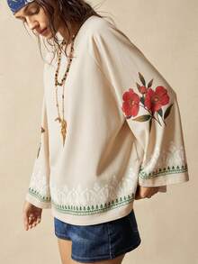 Bohemela Sudadera holgada de cuello redondo de punto de unicolor estilo retro casual con estampado lavado para mujer en otoño/invierno - Albaricoque - Ver 5