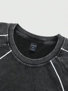 ROMWE MEN Prep 男女皆宜的复古水洗英文印花长袖T恤，休闲街头风 - 黑色 - 查看 4