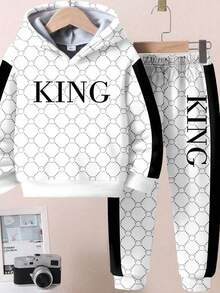 SHEIN 2pcs/Set Little King & Young Boys Loose Casual Minimalist Style Long Sleeve Hoodie Sweatshirt, Suitable For Autumn/Winter - Multicolor - View 4