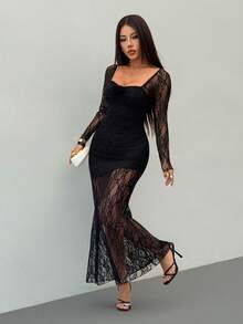 SHEIN PETITE 女士优雅浪漫时尚通勤性感优雅连衣裙，适合派对、度假、返校、浪漫约会、婚礼、生日、情人节等场合，蕾丝拼接3D花卉装饰长袖修身连衣裙 - 黑色 - 查看 4