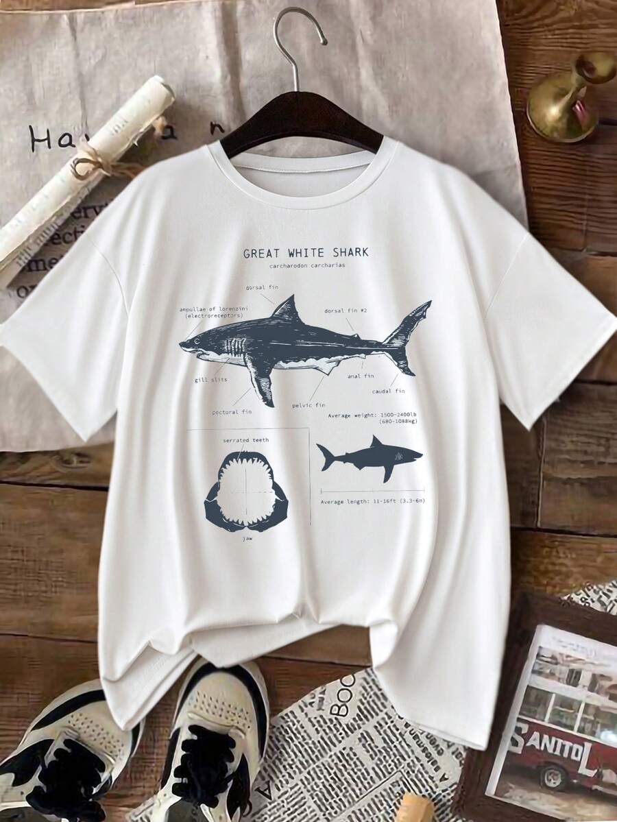 INAWLY 女式鲨鱼印花圆领短袖休闲 T 恤夏季大白鲨 Carcharodon Carcharias - 白色 - 查看 1